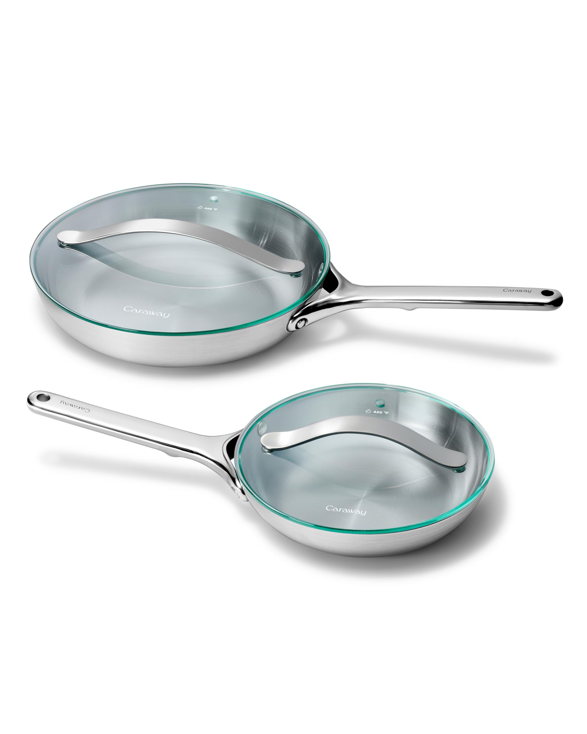 Duo de poêles rondes en acier inoxydable Caraway 8" et 10,5" avec couvercles en verre - 5 couches - sans revêtement toxique