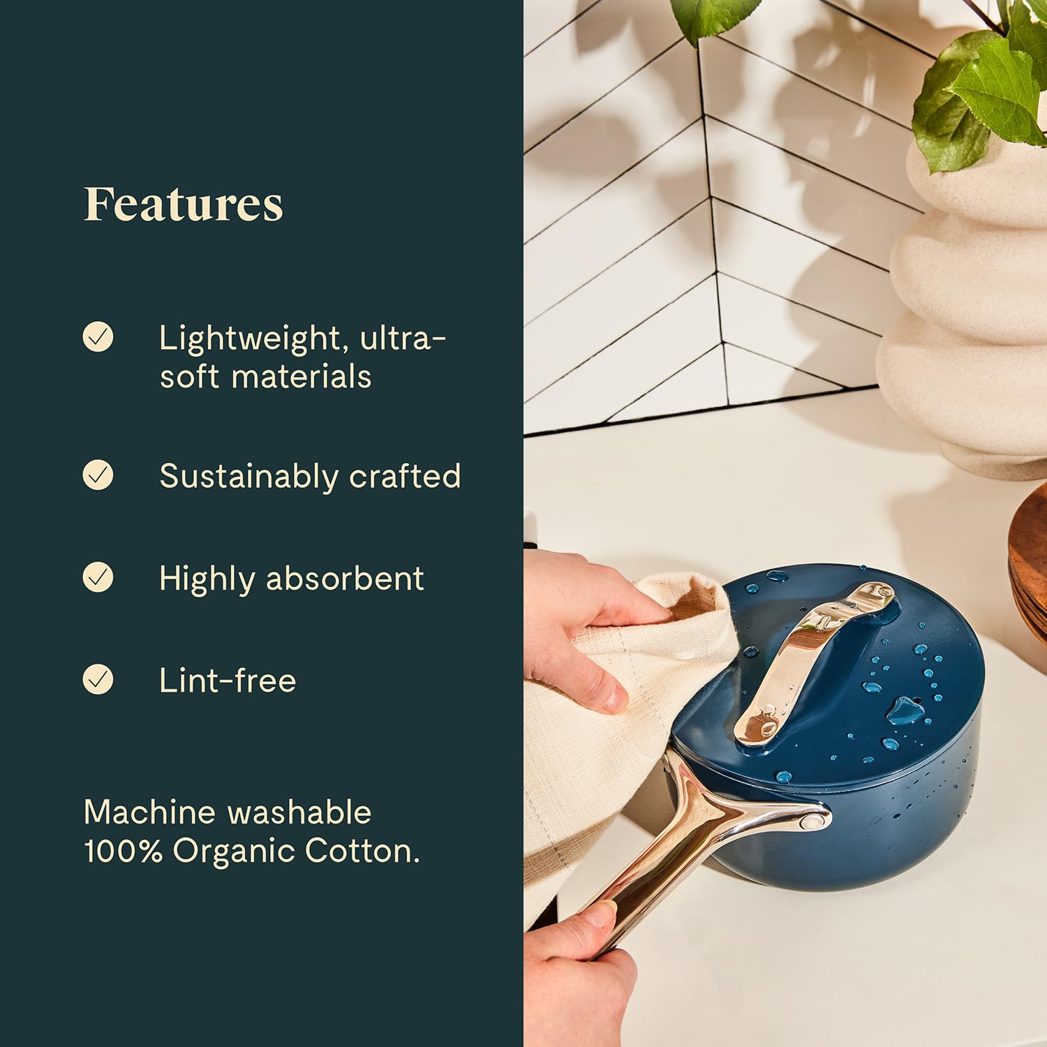 Torchons de cuisine Caraway — Lot de 3 en coton biologique 100 %, haute absorption, sans peluche, taille extra-large (Cream)