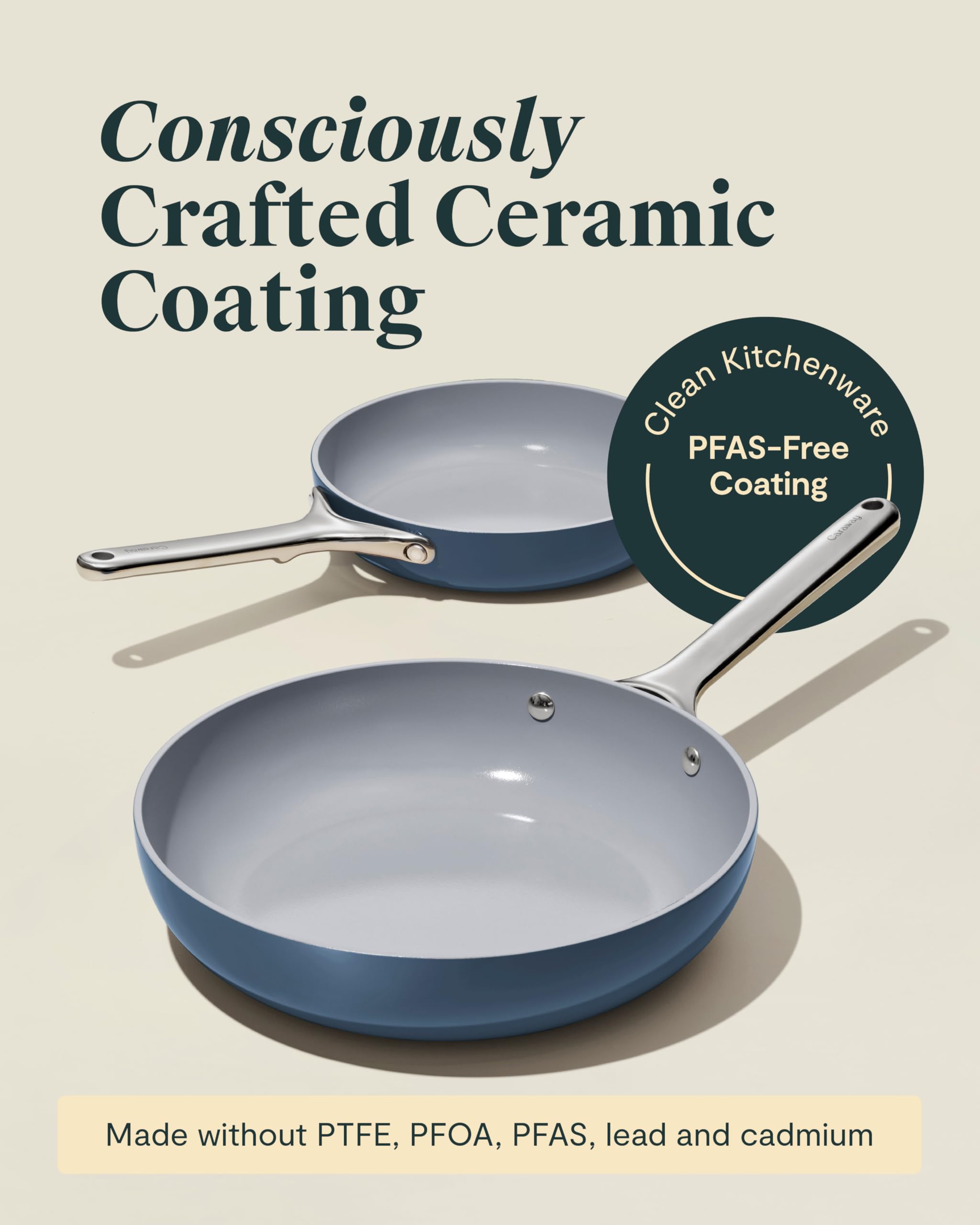 Poêle antiadhésive céramique Caraway avec couvercle en verre – 26,7 cm (10,5 po) – 2,7 L – Sans toxiques – Tous feux – Crème