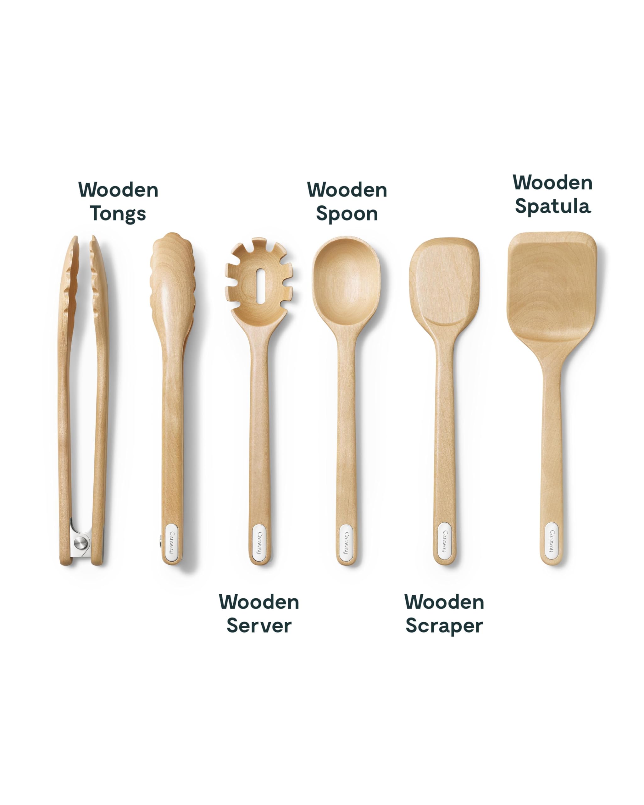Set d'ustensiles en bois Caraway – 5 pièces : Cuillère, Serveur, Grattoir, Spatule, Pince – Bois de bouleau FSC – Sans microplastiques