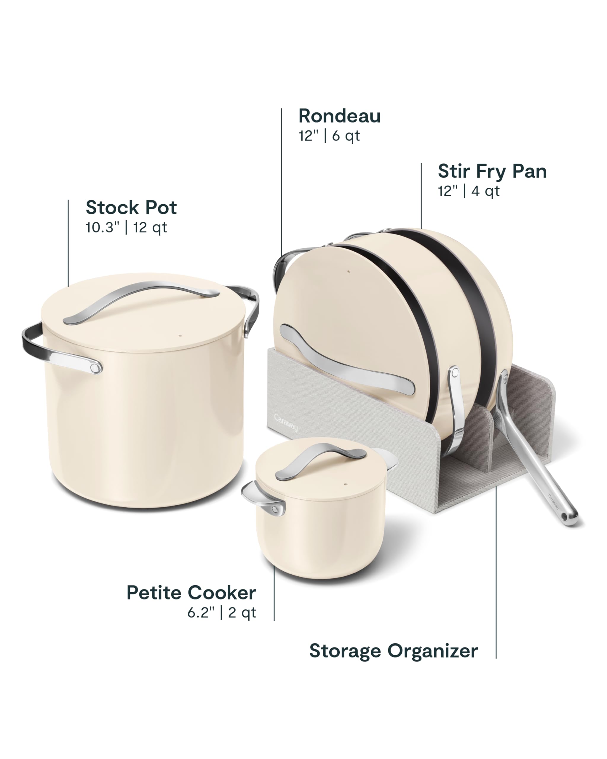 Collection Cookware+ Caraway — Petite Cooker, Poêle wok, Rondeau, Faitout — 3 couvercles et organiseur — Crème