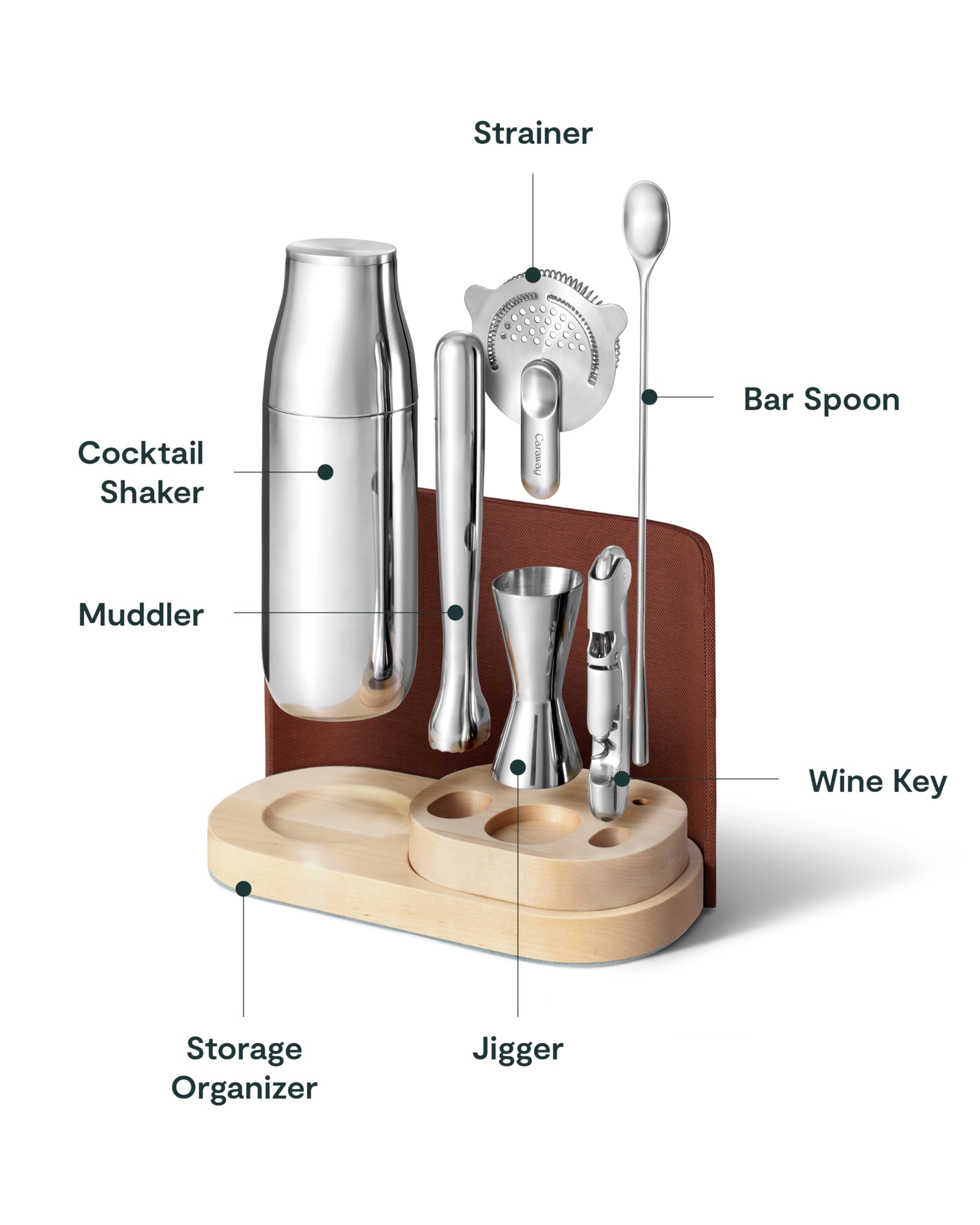 Caraway Set de Bar Complet 9 Pièces — Shaker, Jigger, Pilon, Tire-bouchon, Passoire, Cuillère à Barre, Organisateur Aimanté — Manhattan Red