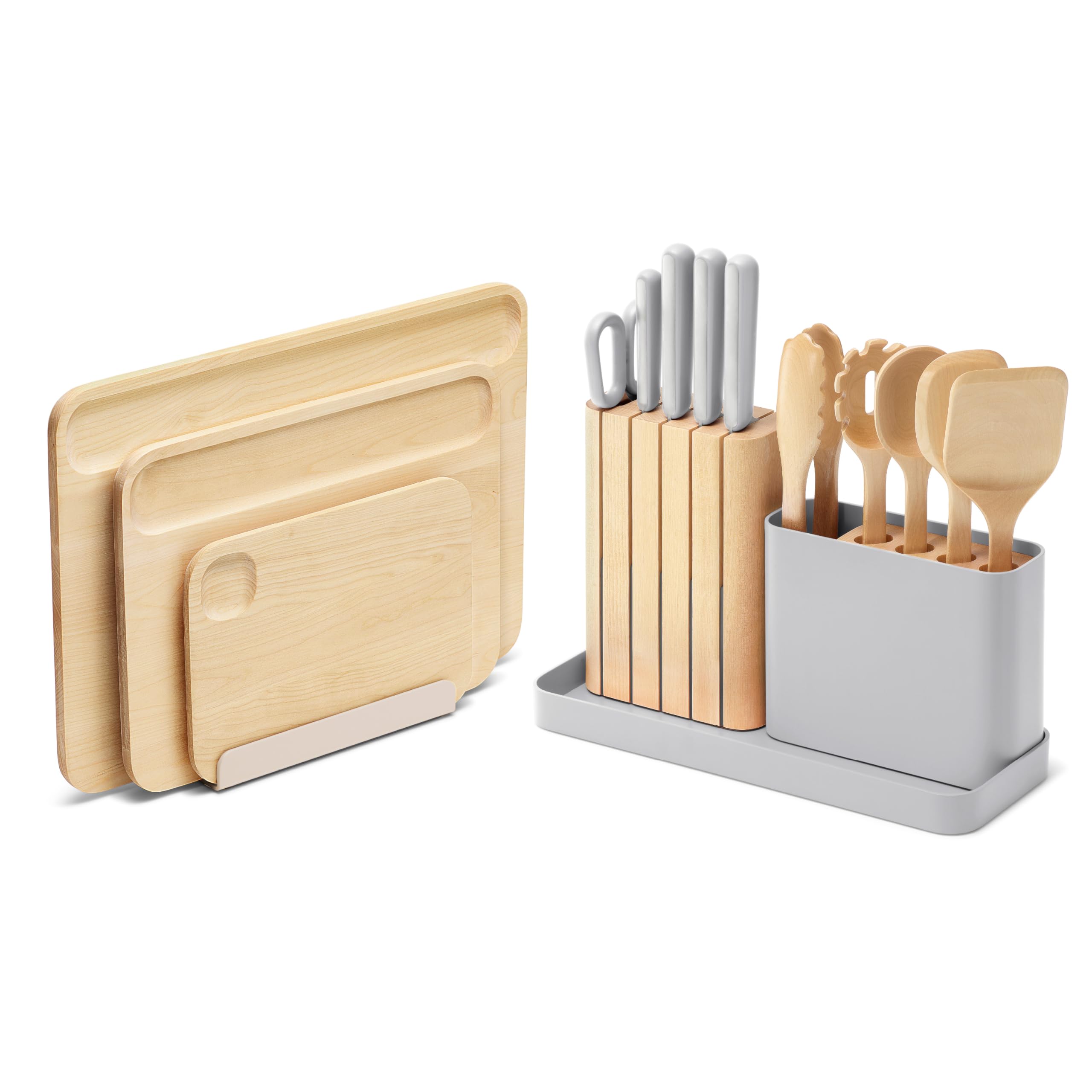 Caraway Set de préparation – Couteaux, ustensiles en bois et 3 planches à découper – Crème