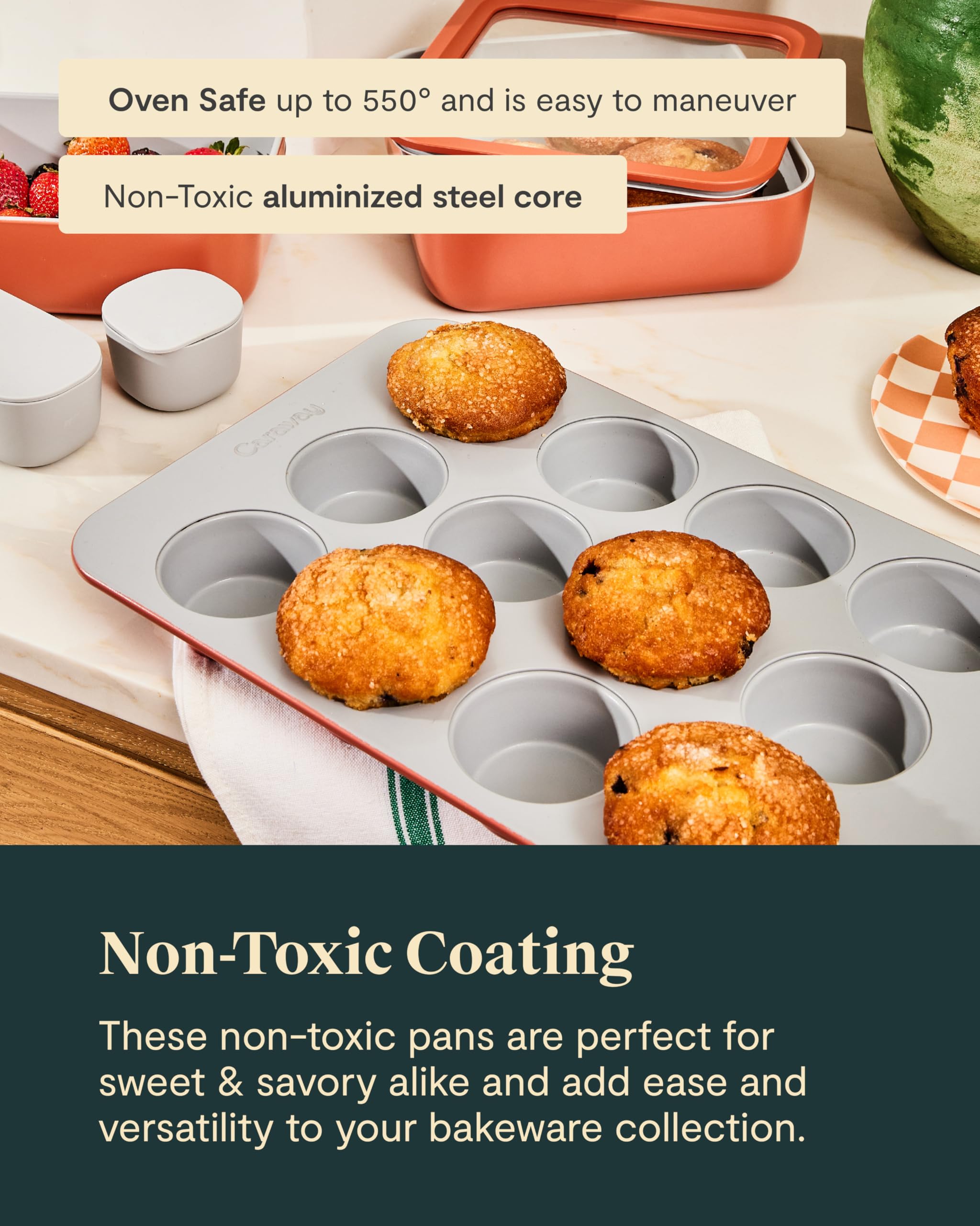Caraway Moule à muffins en céramique antiadhésive – Set de 3 plaques (2x 6 alvéoles + 1x 12 alvéoles) – Crème