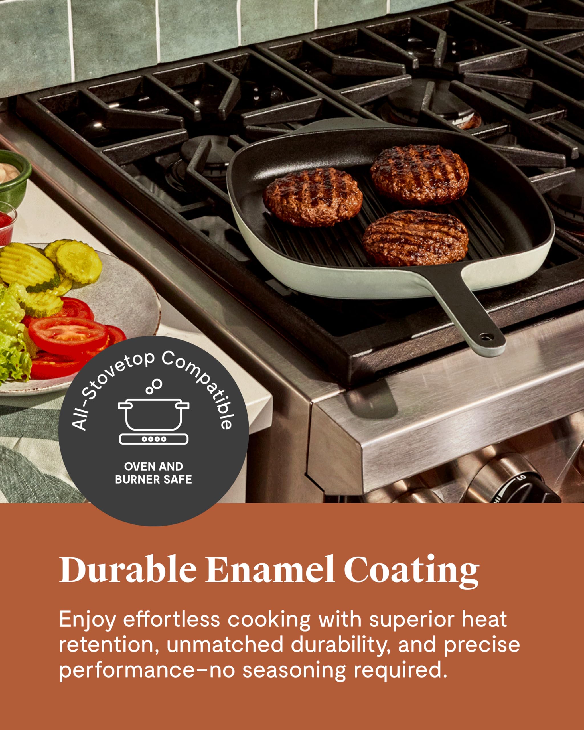 Enameled Cast Iron Grill Pan - 10.5” Grill Pan for Stovetop Cooking - 3 Layer En