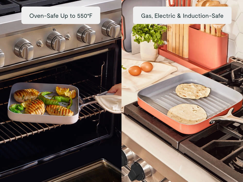 Caraway Duo de poêles carrées — Poêle grill et poêle plate avec revêtement céramique