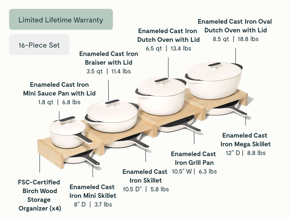 Caraway Set de 16 pièces en fonte émaillée de luxe — Casseroles, poêles, faitout