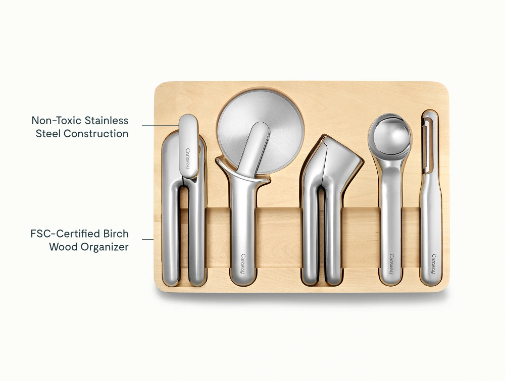 Kitchen Gadget Set Caraway – 5 pièces en inox avec range-ustensiles en bouleau